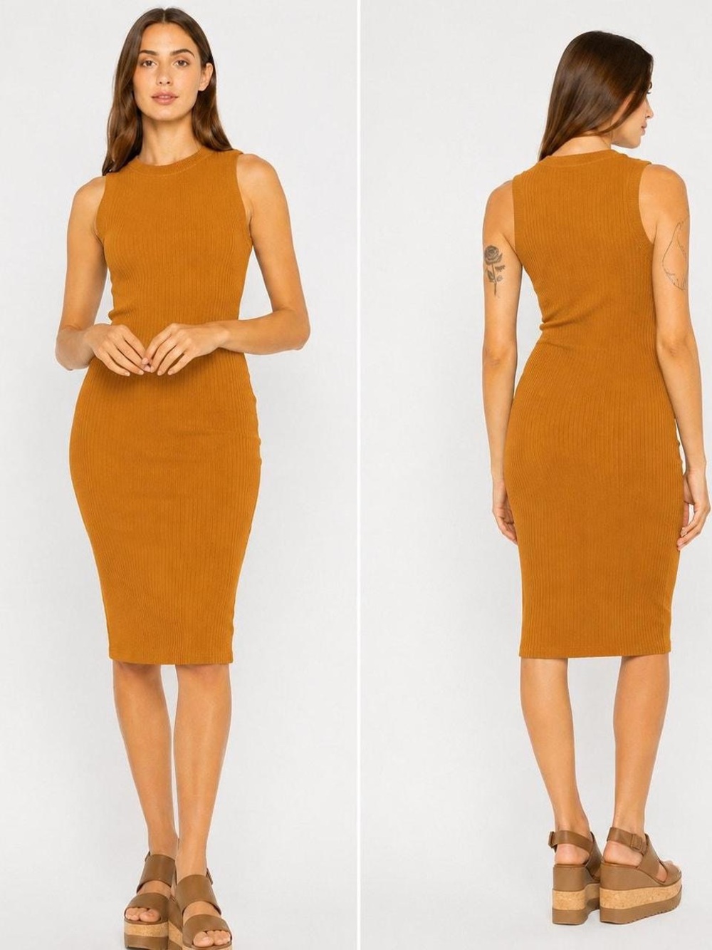 Sleeveless Ribbed Midi Dress in Mustard